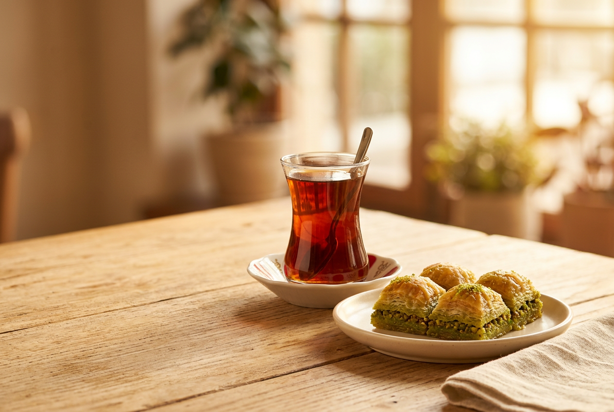 A tulip glass of Turkish tea on a saucer beside a plate of pistachio baklava on a sunlit wooden table