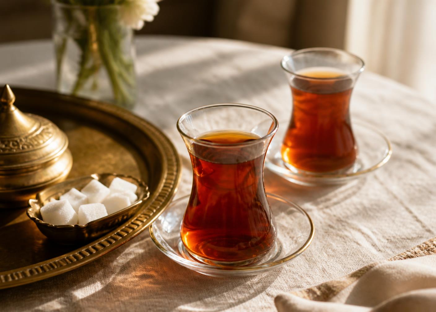 Two tulip glasses of Turkish tea on a linen tablecloth beside a brass tray